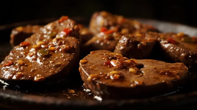 Close-up view of perfectly cooked dark meat slices glazed with a rich, glossy chili sauce, featuring prominent red pepper flakes and seeds, served in dramatic low-key lighting.