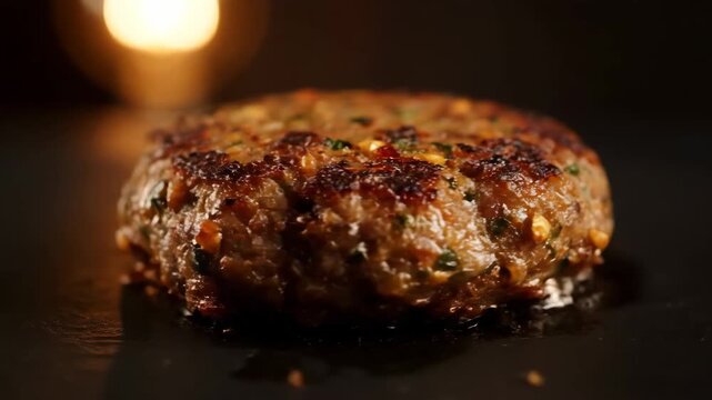 Extreme Close-up Shot of a Juicy, Perfectly Grilled Beef Burger Patty Seasoned with Herbs and Spices Sizzling on a Dark Surface in Appetizing Cinematic Light.