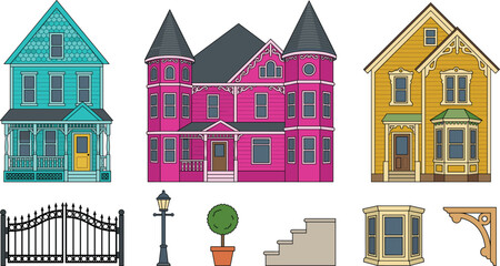 Vintage Victorian House Icon Set with Detailed Exterior Facades Gate Street Lamp and Architectural Elements Vector Graphic Designs © Nurchhana