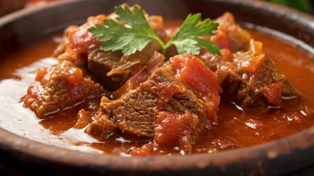 Hearty Close-up of Rich Beef Stew or Goulash in Savory Tomato Sauce, Garnished with Parsley, Perfect Comfort Food.