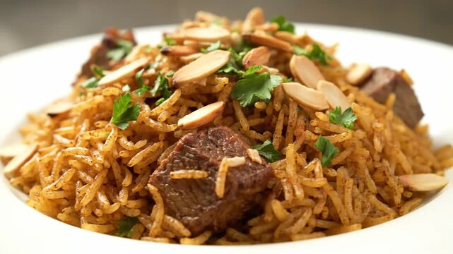 Close-up of traditional Middle Eastern savory rice dish (Kabsa or Mandi) with tender slow-cooked meat chunks, garnished with sliced almonds and fresh parsley.