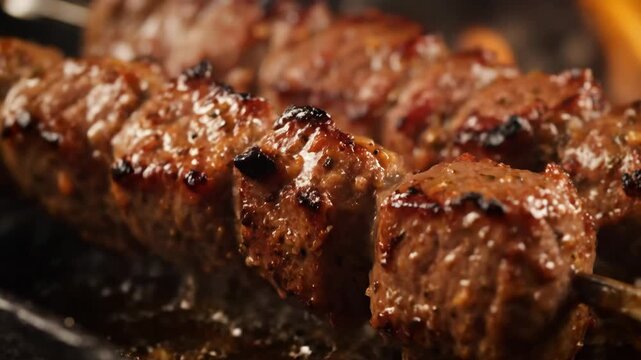 Extreme Close-up of Delicious Juicy Grilled Meat Skewers Sizzling Over Open Flame. Perfectly Cooked Seasoned Barbecue Shish Kebab or Souvlaki on a Hot Grill.