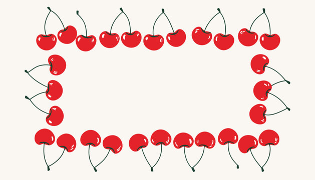 Cherry border frame with red cherries on white background