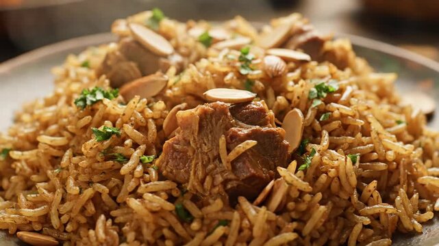 Authentic Middle Eastern Spiced Rice Dish (Mandi or Kabsa) with Tender Lamb Meat, Garnished with Toasted Almonds and Fresh Parsley, Served Hot and Steaming.