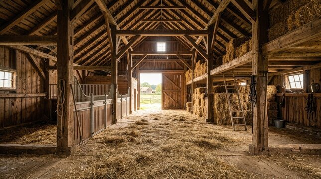 A weathered wooden barn stands in a rural landscape. The interior of the barn is dimly lit, showcasing a high, exposed timber roof and walls covered in hay bales.