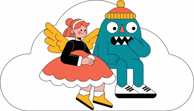 cartoon angel girl and monster on cloud