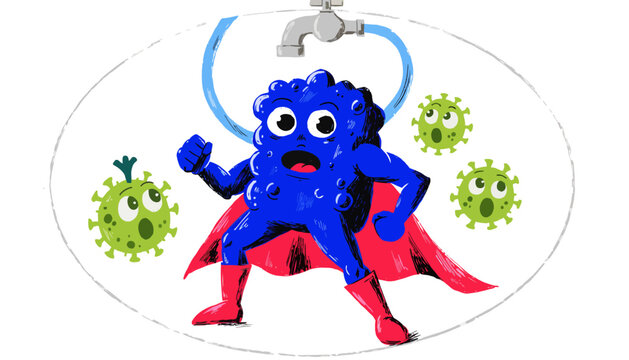 cartoon blue germ superhero fighting green virus