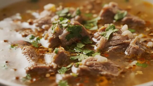 Close-up of hearty meat stew featuring tender chunks of beef or lamb submerged in a rich, savory broth, garnished with fresh cilantro and spices.