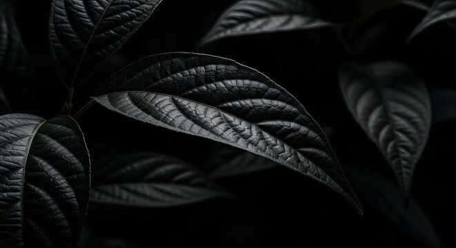 Dark moody monochrome close up of detailed textured leaves in deep shadows