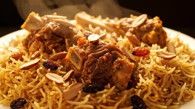 Steaming Middle Eastern Mandi or Kabsa dish with tender spiced lamb shanks, aromatic rice, sliced almonds, and raisins.