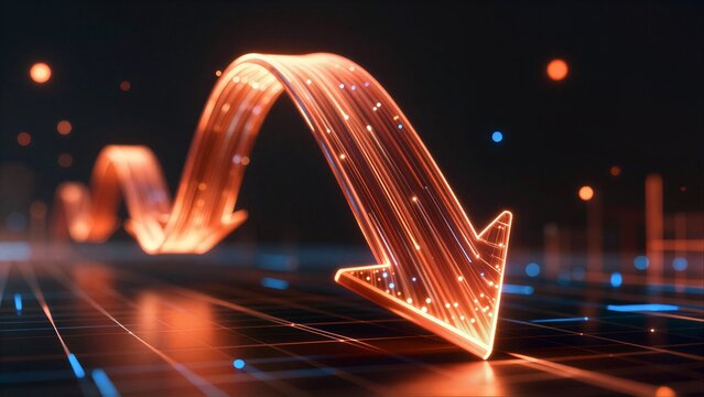 Vibrant glowing arrow points downward on a digital grid, symbolizing decline or decrease.