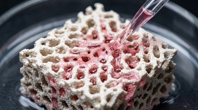 Laboratory Research 3D Printed Bone Scaffold With Red Liquid Pipette.