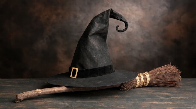 Witch hat with rustic broomstick on dark wood for halloween magic costume celebration with spooky wizard sorcery