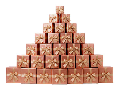Pyramid stack of rose gold gift boxes with satin ribbon bows isolated on white background, luxury holiday concept