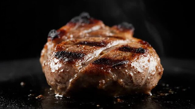 Extreme Close-up of Juicy Grilled Steak Searing on Hot Black Surface with Steam Rising, Perfect for Professional Cooking, Restaurant Menus, and Gourmet Food Concepts