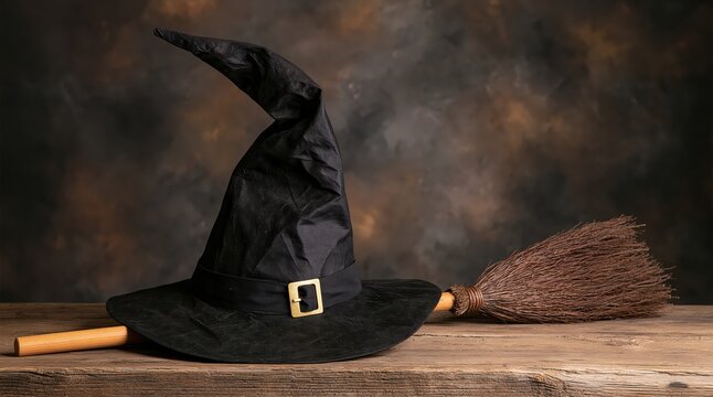 Witch hat and broomstick on rustic wooden table for spooky halloween magic celebration with occult festive costume