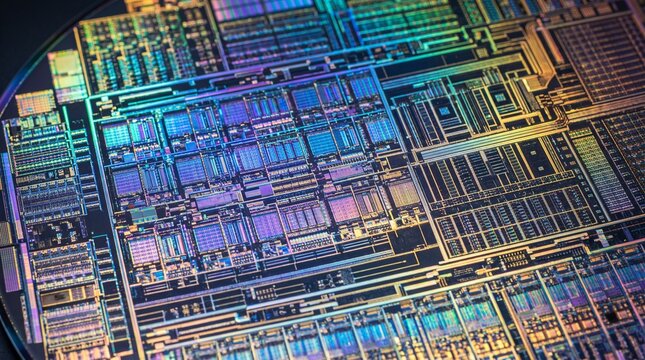 Macro photograph of silicon wafer microcircuit patterns displaying colorful light diffraction and microchips
