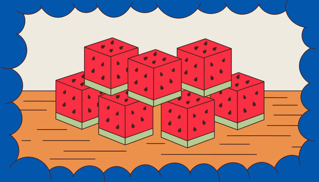 cartoon watermelon cubes isolated on transparent background