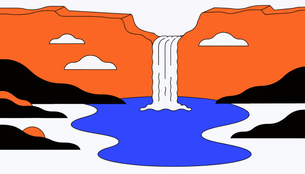 cartoon waterfall in canyon, blue river and orange cliff