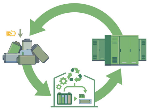 Circular graphic illustrating battery recycling and repurposing. Shows used batteries transitioning to a refurbished battery bank, emphasizing a sustainable lifecycle. Clean, modern design.