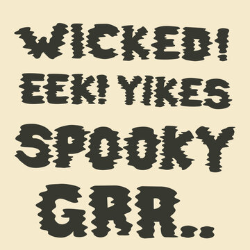 Halloween typography lettering set with spooky wicked eek yikes grr text words on beige background graphic vector