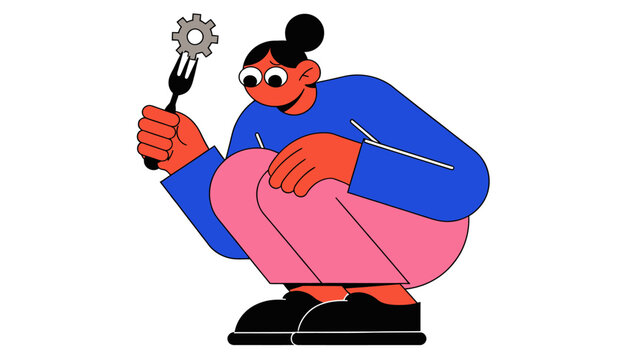 cartoon woman holding fork with gear on tines