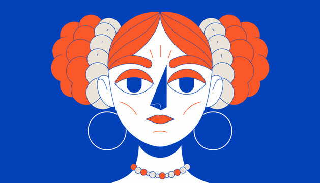 Cartoon woman with orange hair and jewelry on blue background