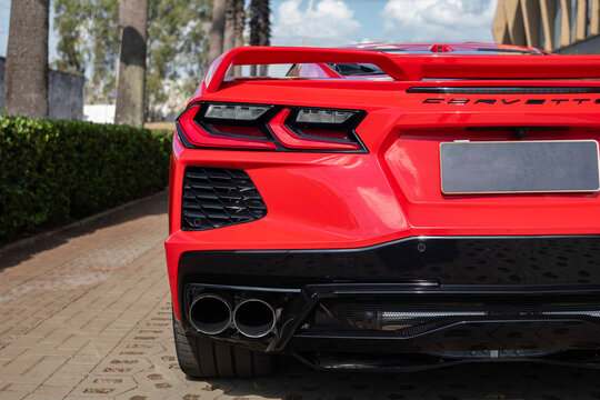 Red Chevrolet Corvette C8 Rear View Close-Up Outdoors