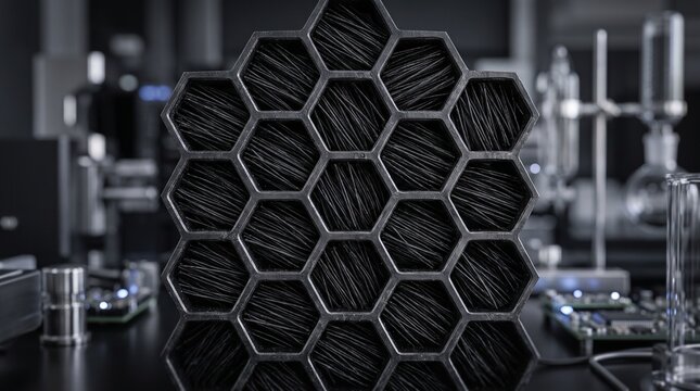 Macro photograph of dark metallic honeycomb grid filled with aligned fiber bundles in lab setting