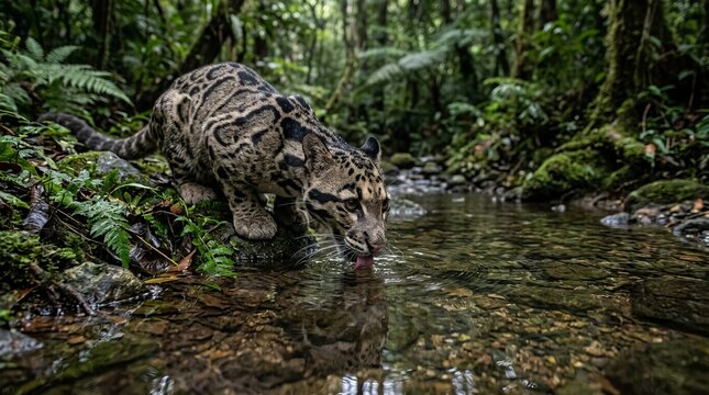 Rare Clouded Leopard Wildlife - Majestic Clouded Leopard in Natural Rainforest Habitat