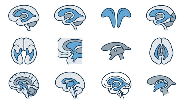 Detailed Brain Anatomy Illustrations in Blue and White.