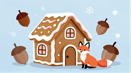 Obraz premium Gingerbread house with fox, acorns, and snowflakes in a cozy winter scene.