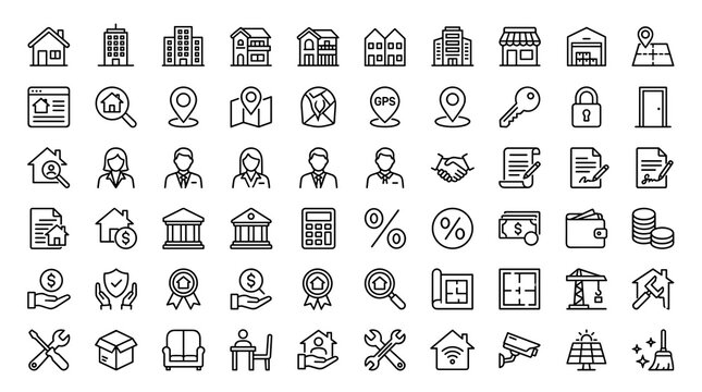 Modern Real Estate Outline Icons for Property Buying, Selling, Rental, Mortgage, Architecture, Investment, Housing and Property Management
