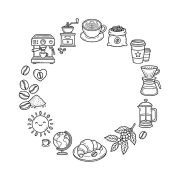 Coffee Shop Equipment And Beans Line Art Doodle Round Frame Vector