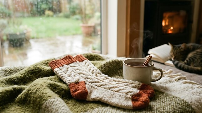 Socks made of thick cable knit wool rest on a green blanket next to a steaming mug of cocoa in a cozy room with a fireplace and a sleeping cat on a rainy day.