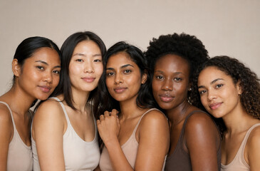 Fototapeta premium Five diverse women of varying ethnicities and skin tones pose together, showcasing natural beauty and individual uniqueness in a tasteful and respectful portrayal.