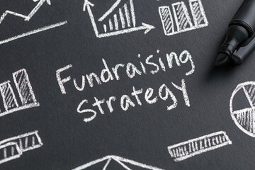 Fototapeta premium Fundraising strategy written on a chalkboard with business finance charts graphs marketing planning and charity