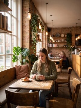 Young woman enjoying a cup of coffee at a table in a cozy cafe with restaurant interior customer relaxing enjoying