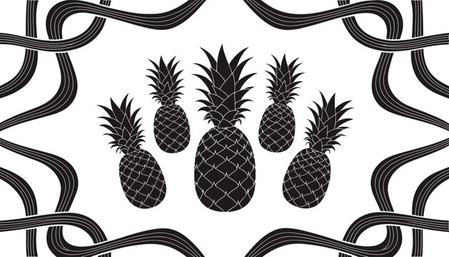 black pineapples on white background with wavy lines