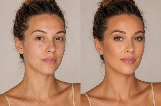 Split screen shows a woman's face before and after makeup application, highlighting a dramatic transformation from natural beauty to a polished, radiant look.