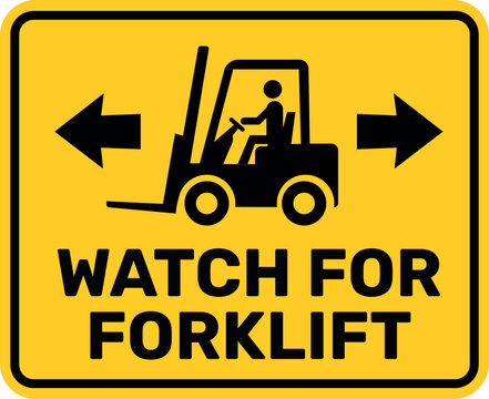 Yellow forklift warning sign with arrows for warehouse traffic safety, industrial workplace alerts and material handling areas