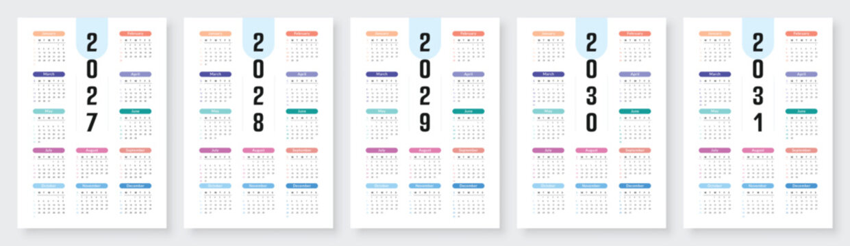 Calendar set for 2027, 2028, 2029, 2030, 2031 years. Week starts on Sunday.