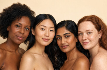 Fototapeta premium Four women of different ethnicities stand together, showcasing the beauty of diversity and natural skin.