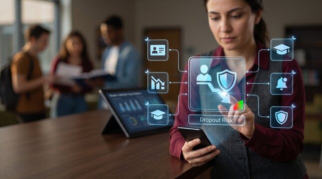 Turkish female academic retention specialist touching smartphone holographic interface for AI dropout risk analytics and proactive student withdrawal prevention in university mentoring lounge
