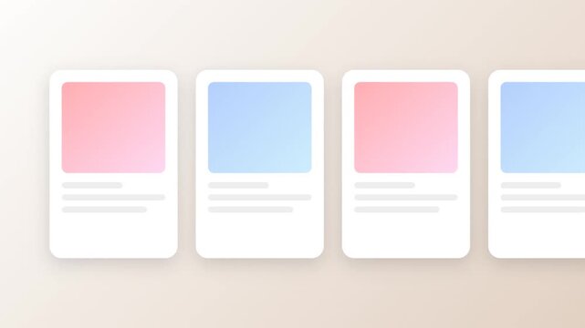 Modern UI UX design of horizontal scrolling cards with soft gradient placeholders on clean background