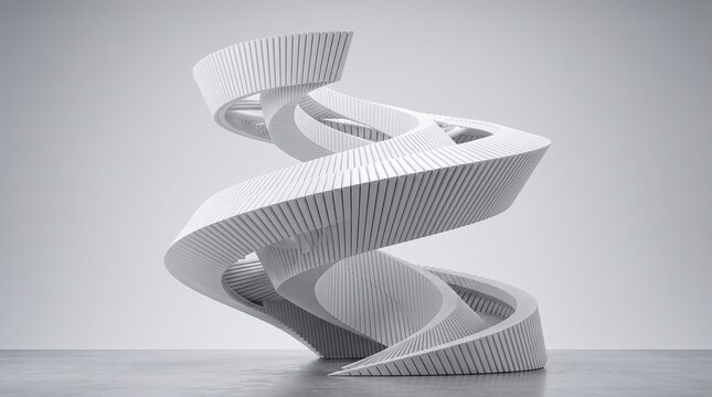 Futuristic white spiral sculpture, abstract architectural 3D structure, minimalist curved ribbon art for modern interior design