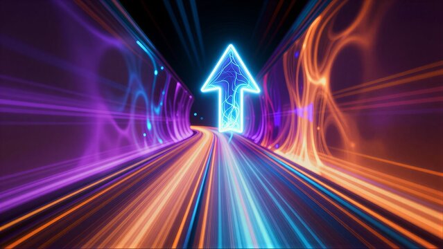 Neon arrow pulses forward through vibrant, swirling light tunnel of purple and orange hues.