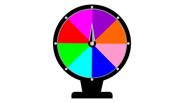 Spinning Fortune Wheel Animation with Colorful Segmented Prize Wheel and Arrow Pointer Isolated on White Background for Game Show, Gambling, Quiz, and Casino UI Design.