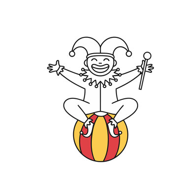 Jester sitting on a striped ball