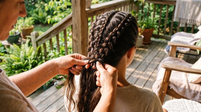 Mother braiding daughters hair on a wooden deck with lush green plants in the background